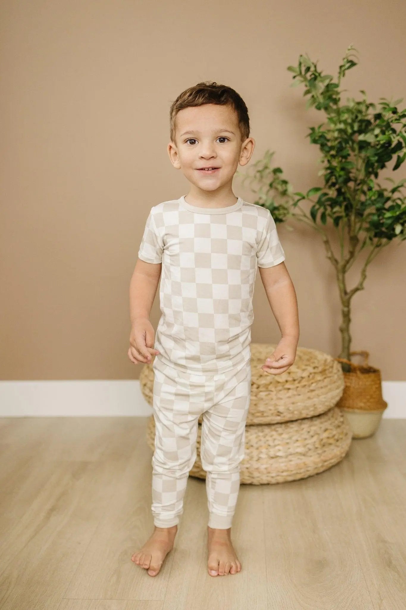 Little Joy Co. Neutral Checker Two Piece Bamboo Pajamas Sleepwear Set Soft - Apparel & Accessories > Clothing > Sleepwear & Loungewear > Pajamas