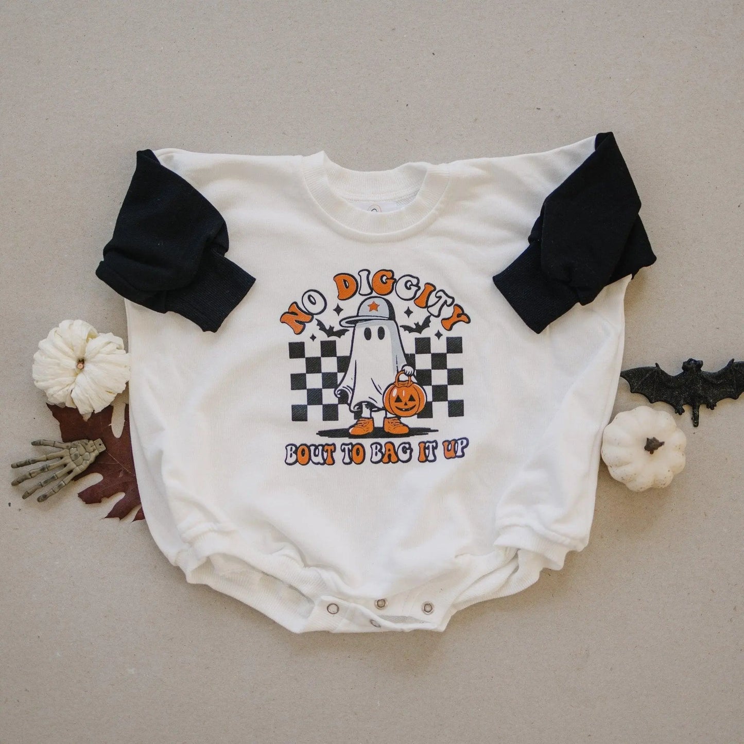 Little Joy Co. No Diggity Bout to Bag It Up Sweatshirt Romper Halloween -