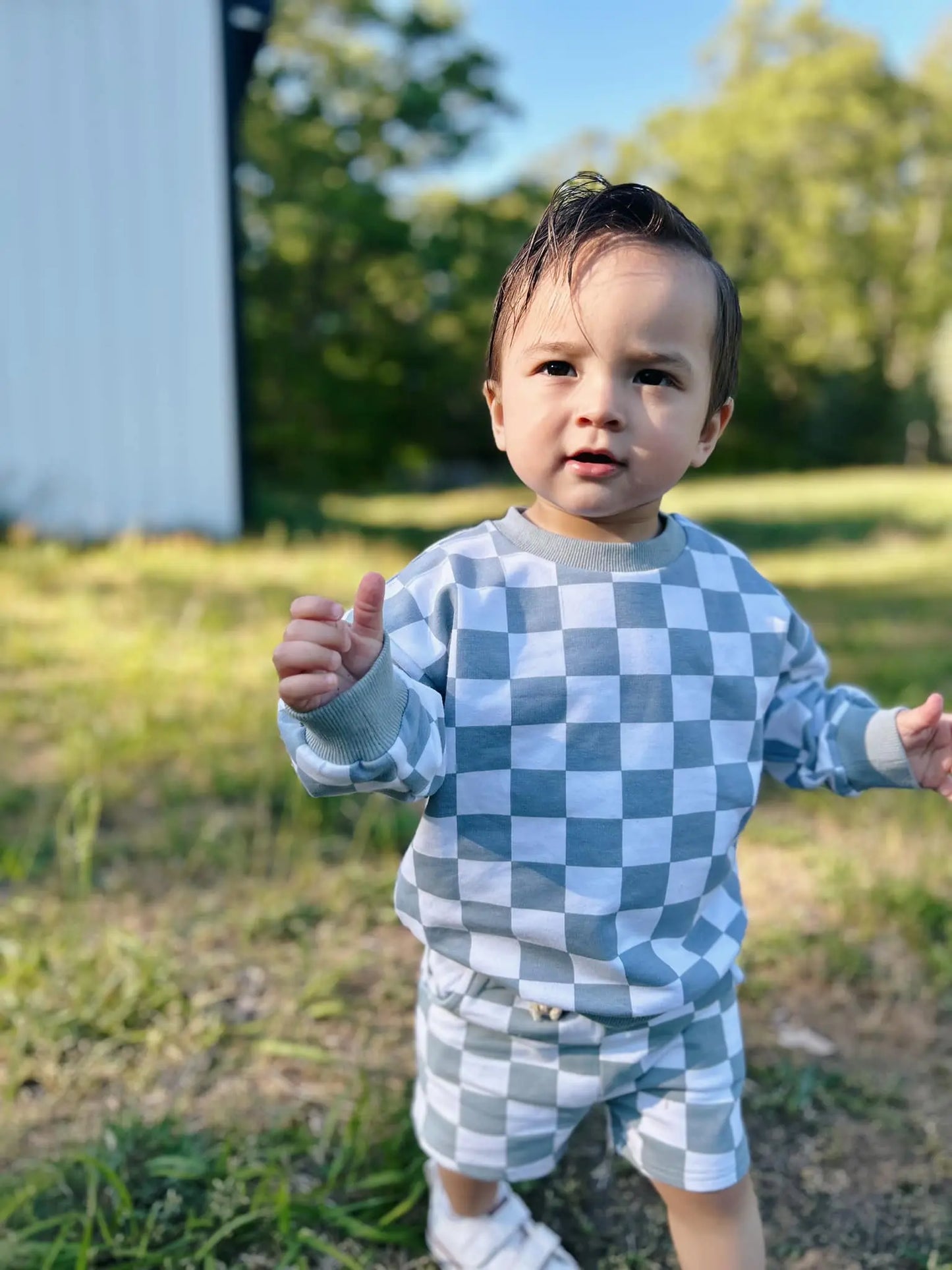Little Joy Co. Organic Cotton Checkered Crewneck and Shorts Set for Kids - Apparel & Accessories > Clothing > Baby & Toddler Clothing > Baby & Toddler Outfits