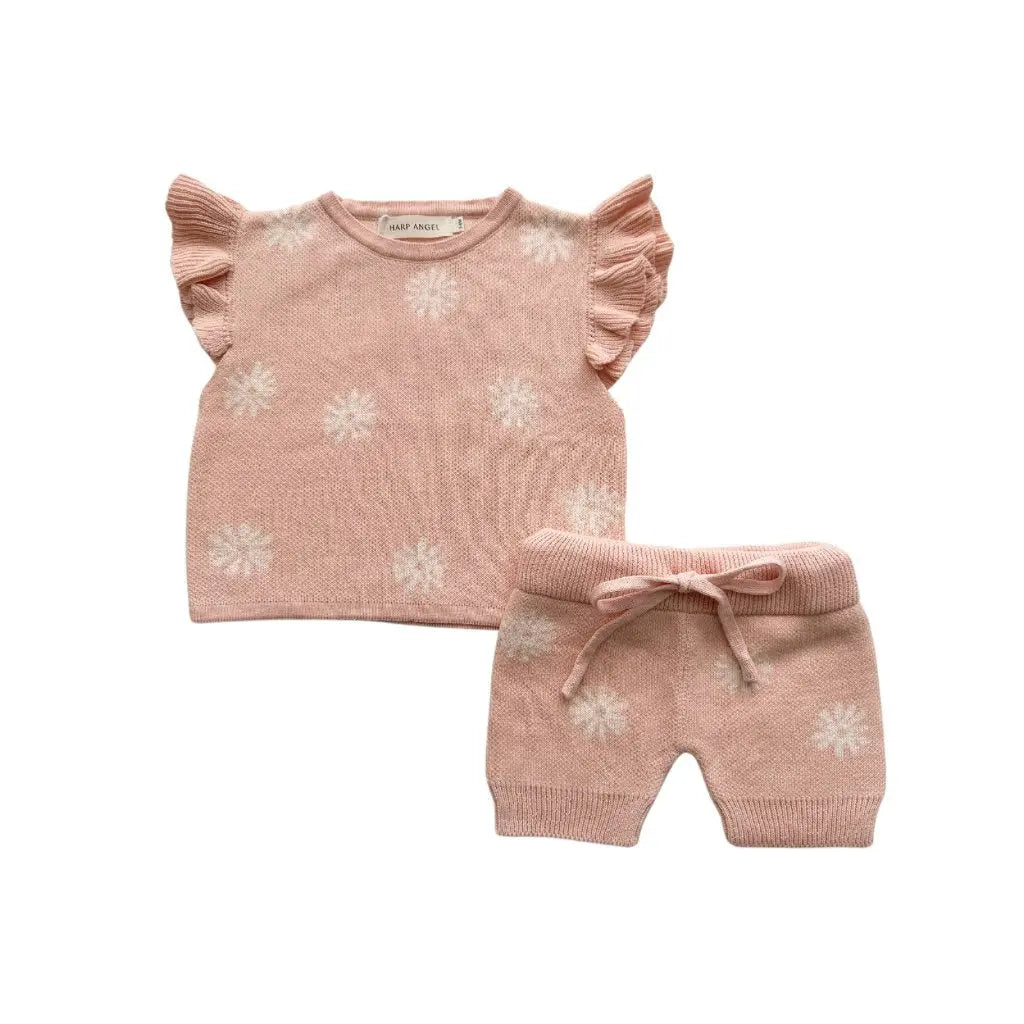 Organic Knit Short Set - Coral Daisies Harp Angel Boutique