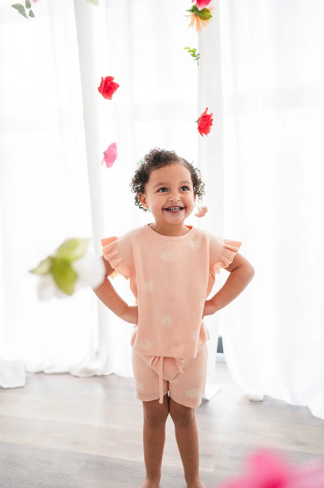 Organic Knit Short Set - Coral Daisies Harp Angel Boutique