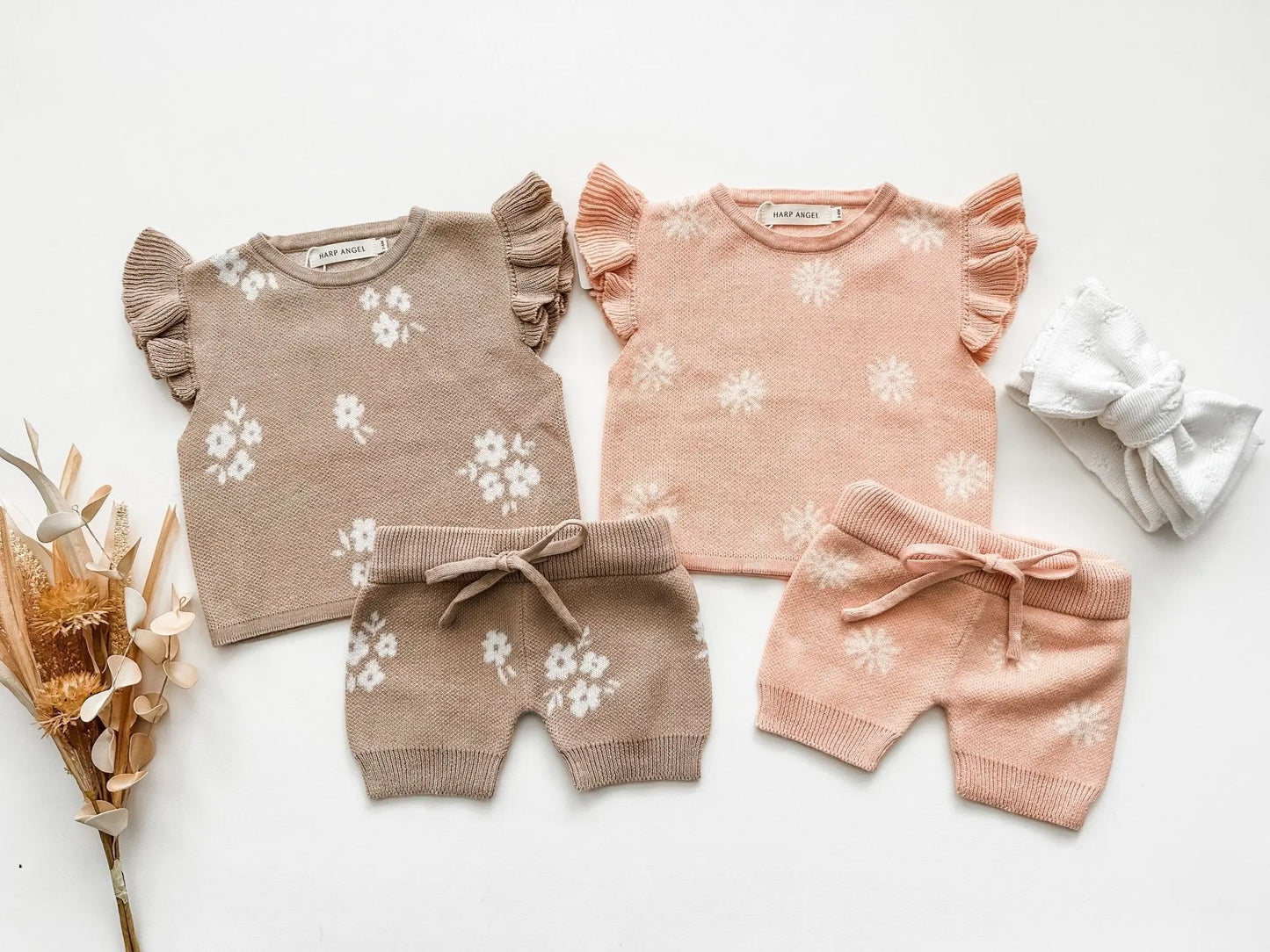 Organic Knit Short Set - Coral Daisies Harp Angel Boutique