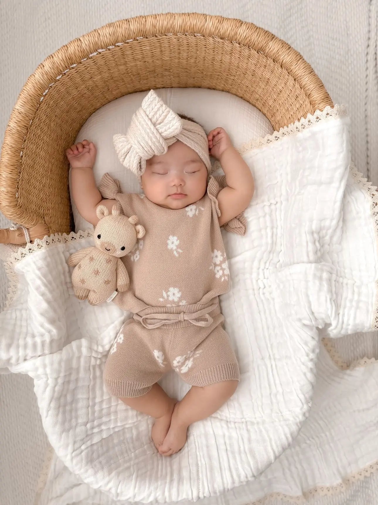 Organic Knit Short Set - Tan Floral Harp Angel Boutique