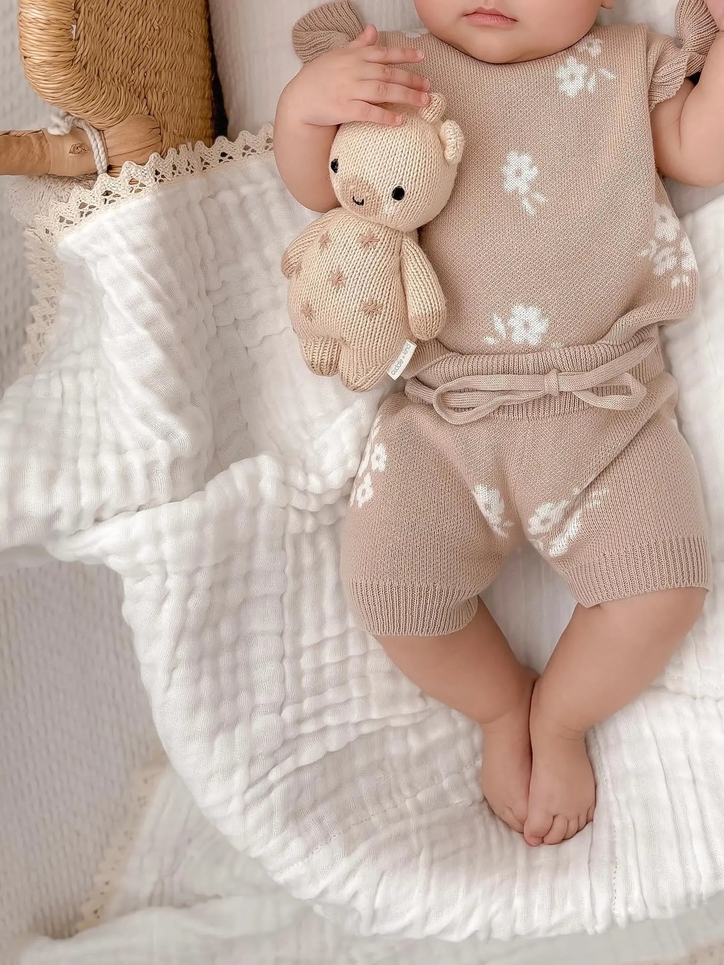Organic Knit Short Set - Tan Floral Harp Angel Boutique