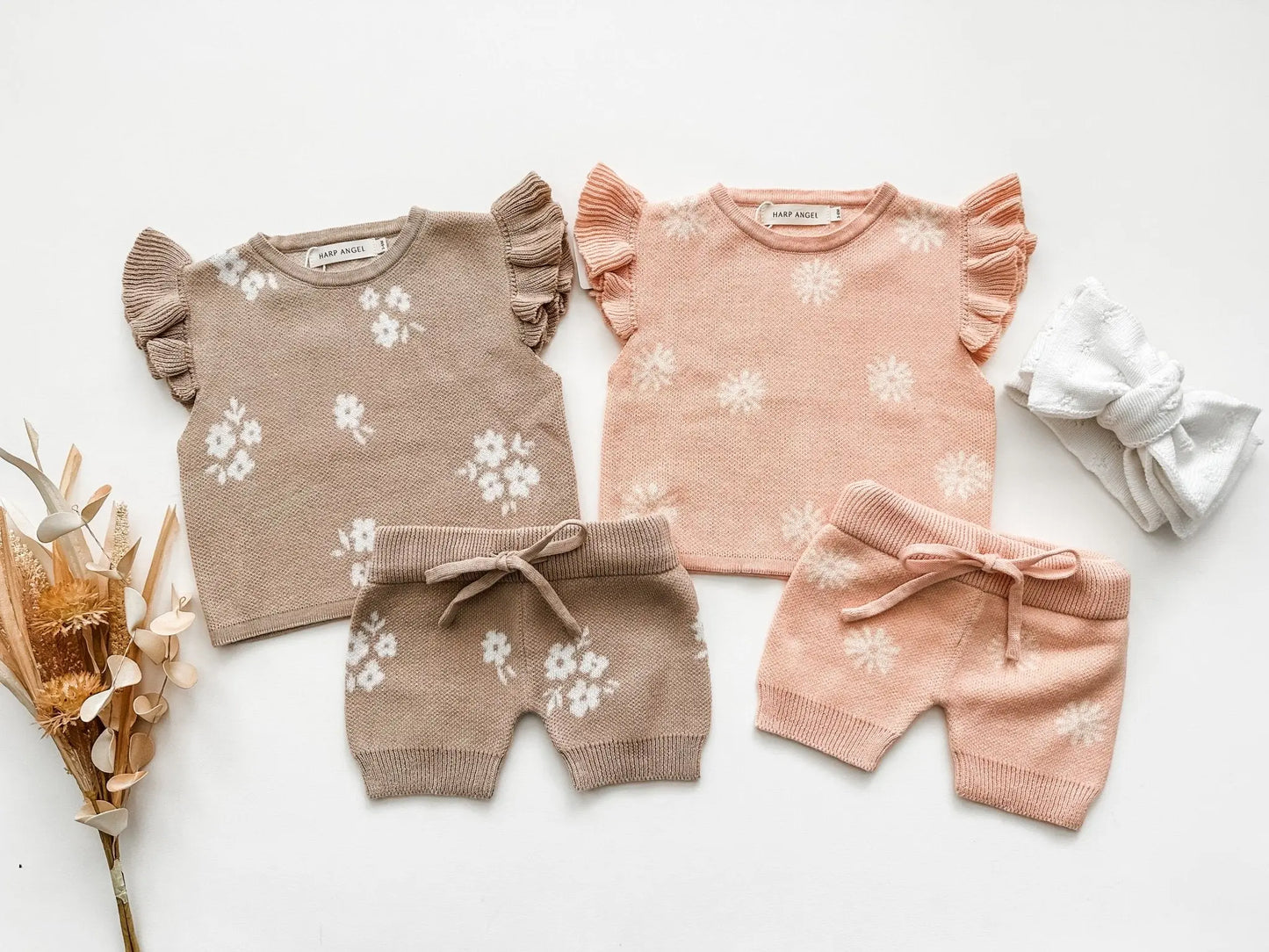 Organic Knit Short Set - Tan Floral Harp Angel Boutique