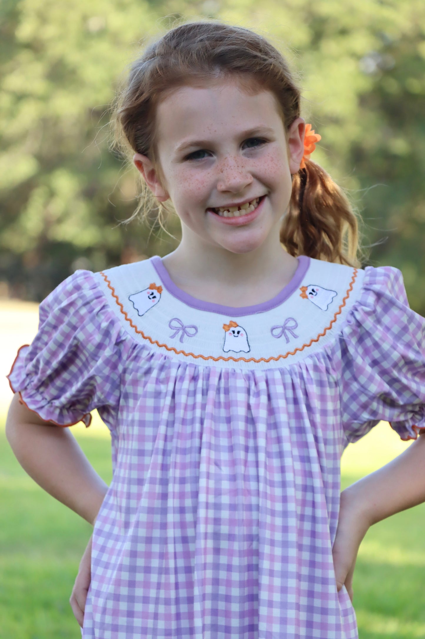 Rylee Faith Designs Halloween Girls Purple Smocked Ghost Embroidery Plaid Dress - Apparel & Accessories > Clothing > Baby & Toddler Clothing > Baby & Toddler Dresses Dress