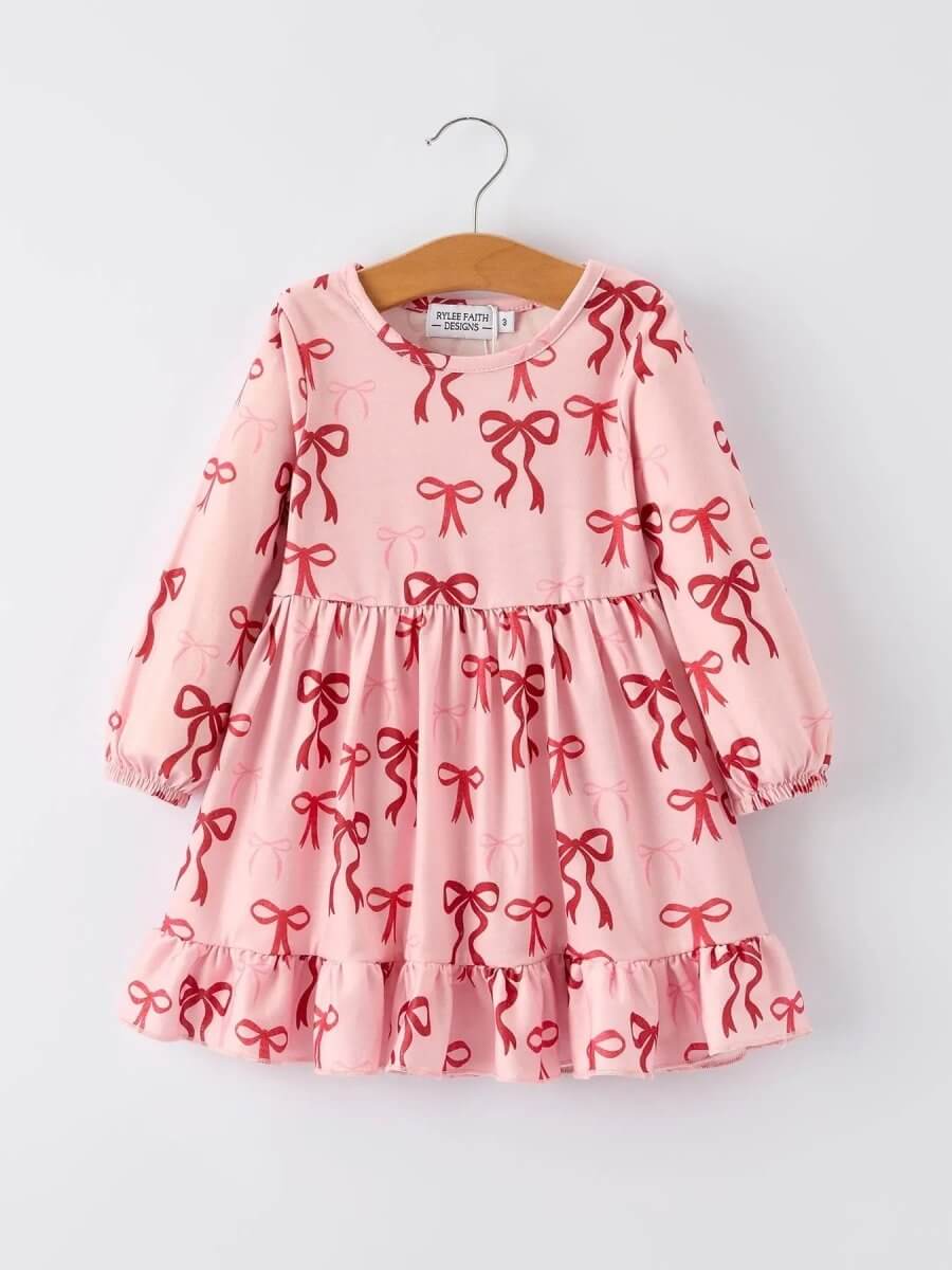 Rylee Faith Designs Pink Bow Print Girls Dress With Ruffle Hem By Rylee Faith - Everetts Place Boutique -