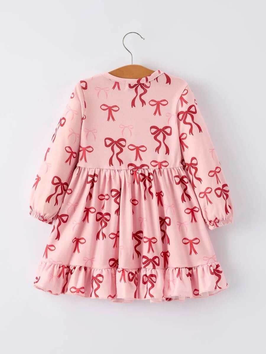 Rylee Faith Designs Pink Bow Print Girls Dress With Ruffle Hem By Rylee Faith - Everetts Place Boutique -