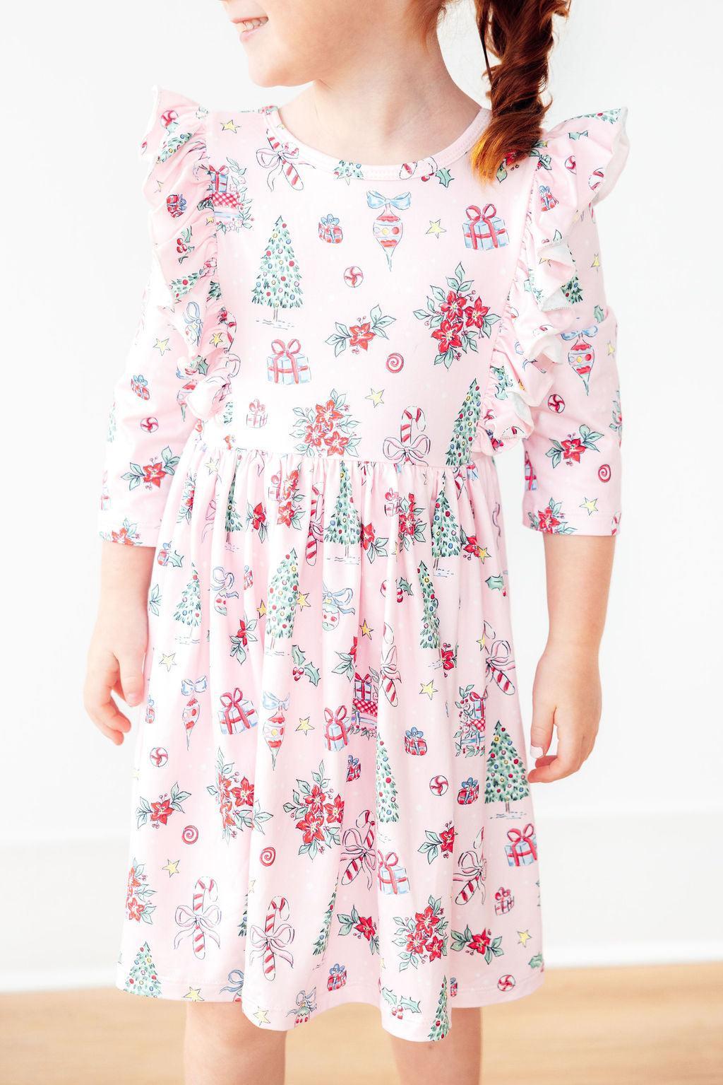 Pink Christmas Three Fourth Sleeve Ruffle Twirl Dress Mila & Rose ® Everetts Place: Online Boutique