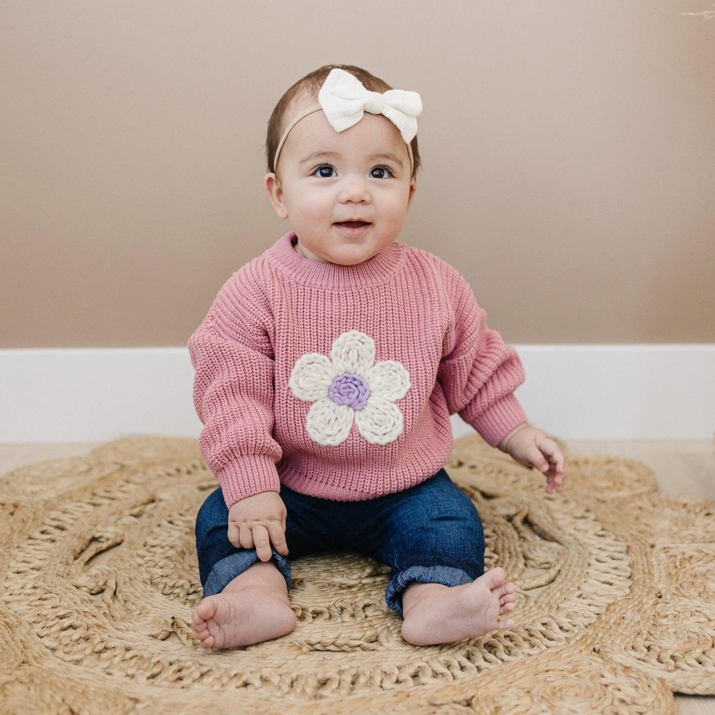 Pink Daisy Hand Embroidered Baby Sweater For Newborns Little Joy Co. Everetts Place: Online Boutique
