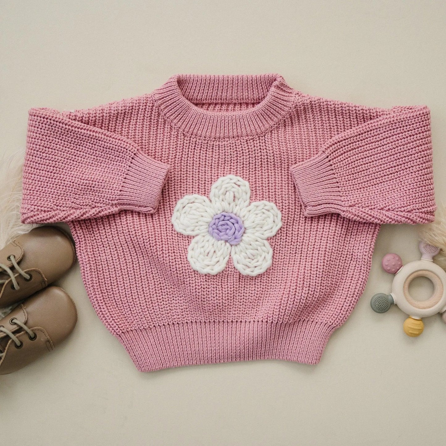Pink Daisy Hand Embroidered Baby Sweater For Newborns Little Joy Co. Everetts Place: Online Boutique