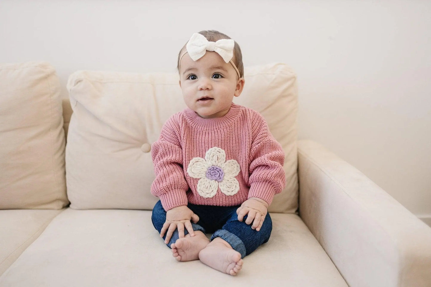 Pink Daisy Hand Embroidered Baby Sweater For Newborns Little Joy Co. Everetts Place: Online Boutique