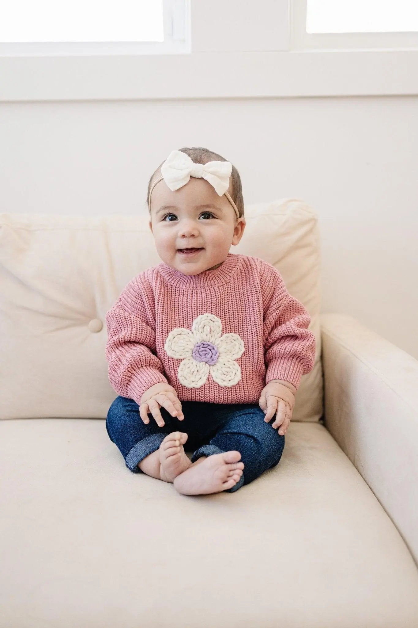 Pink Daisy Hand Embroidered Baby Sweater For Newborns Little Joy Co. Everetts Place: Online Boutique