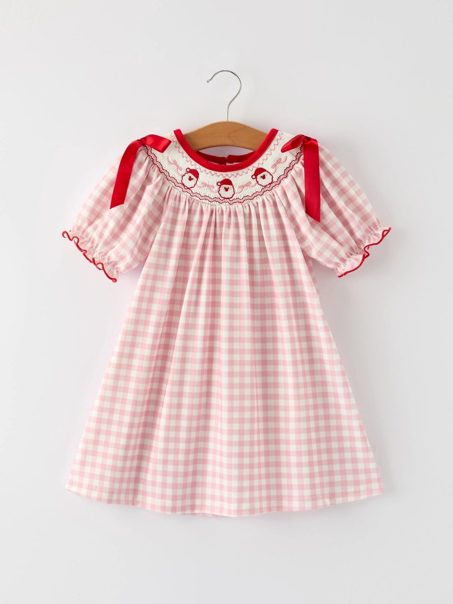 Pink Gingham Christmas Girls Dress: Santa Embroidery with Red Satin Ribbon Rylee Faith Designs Everetts Place Boutique