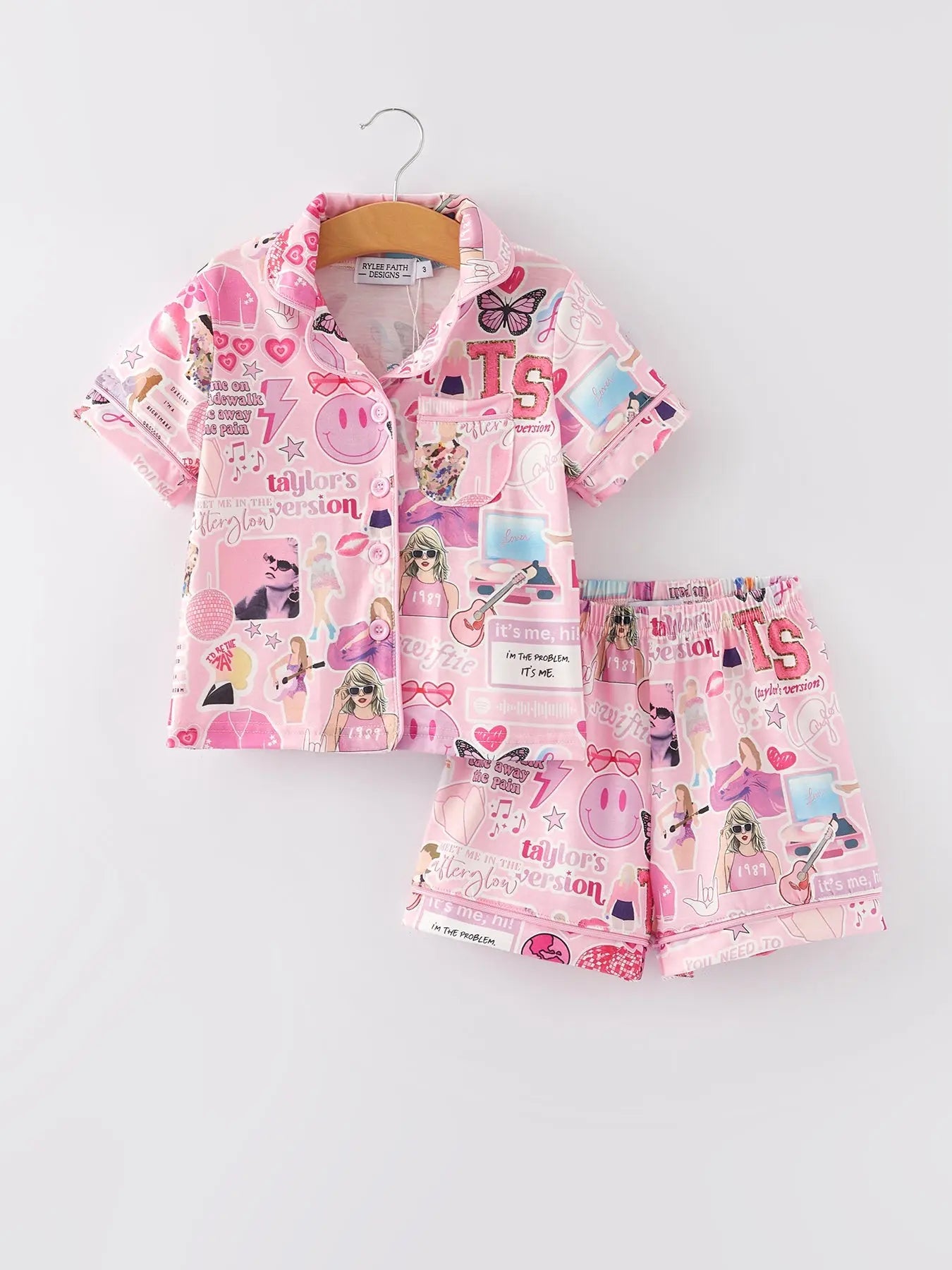Pink Lapel Button Short Sleeve Shorts Pajama Set For Women Rylee Faith Designs Everetts Place: Online Boutique