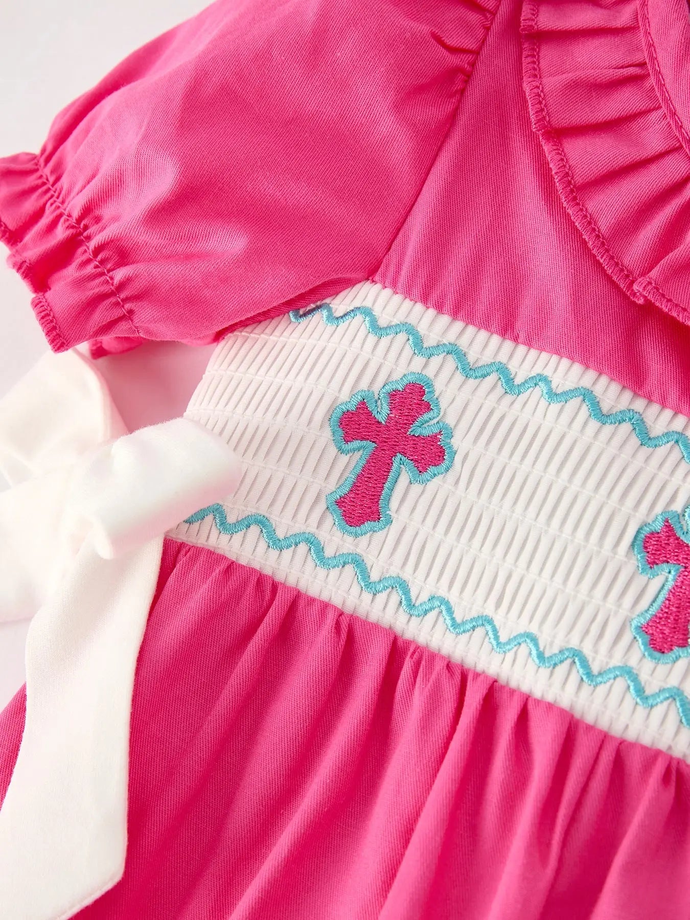 Pink Smocked Church Bishop Christening Bow Baby Girl Romper Rylee Faith Designs Everetts Place: Online Boutique