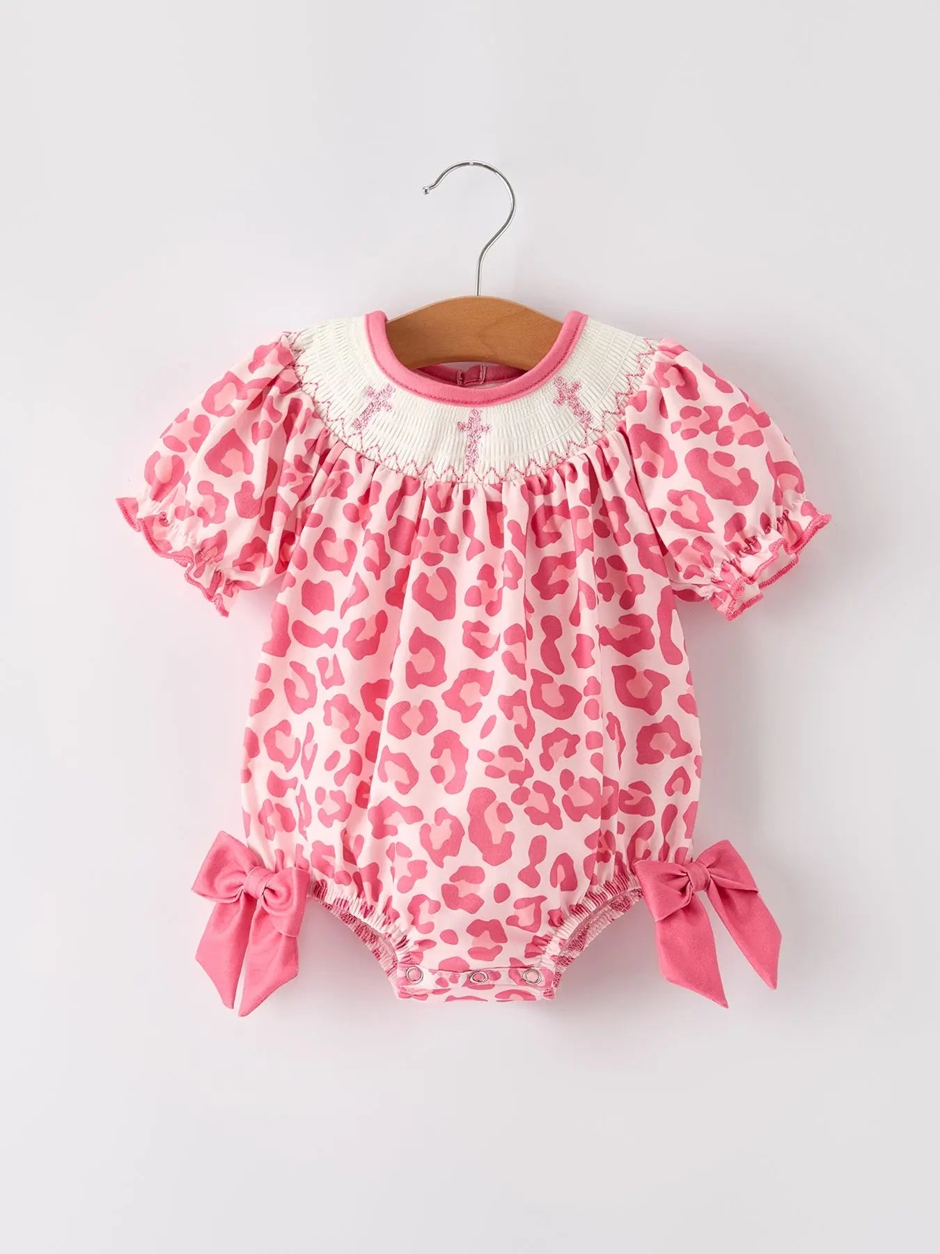Pink Smocked Church Bishop Christening Leopard Baby Girl Romper Rylee Faith Designs Everetts Place: Online Boutique
