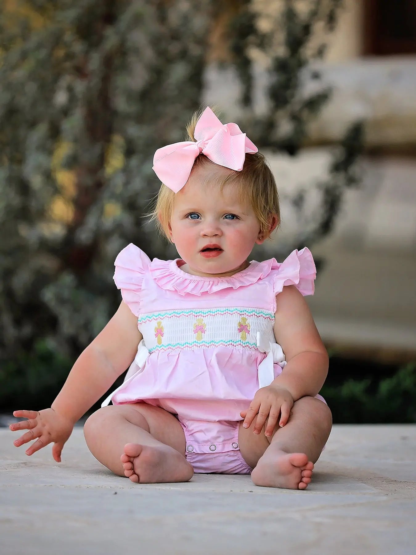 Pink Smocked Church Bishop Christening Romper for Baby Girls Rylee Faith Designs Everetts Place: Online Boutique