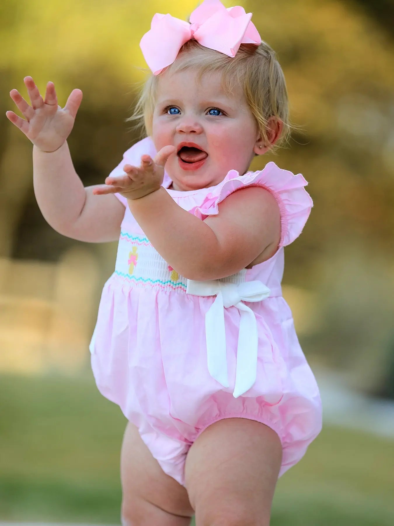 Pink Smocked Church Bishop Christening Romper for Baby Girls Rylee Faith Designs Everetts Place: Online Boutique