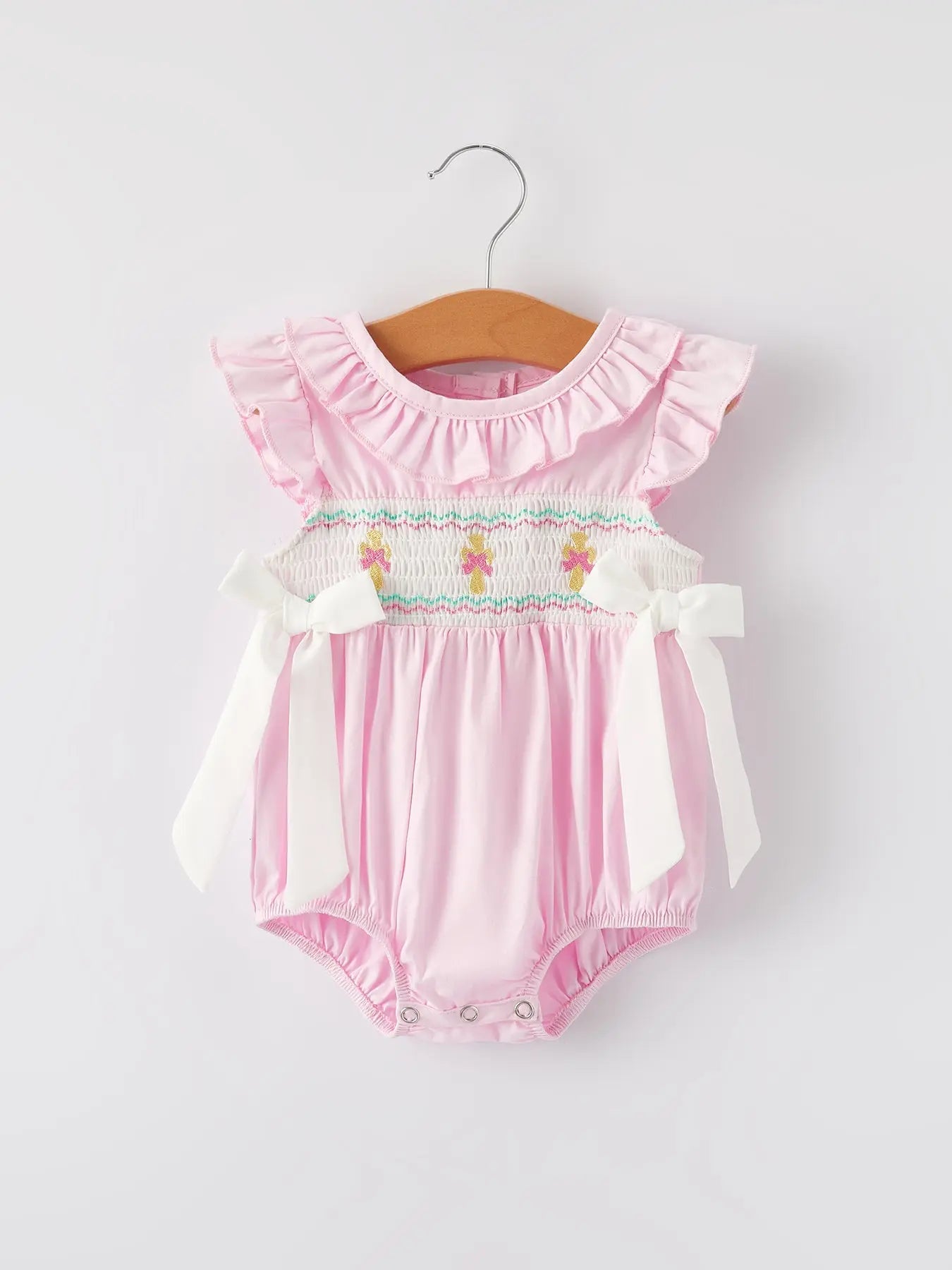 Pink Smocked Church Bishop Christening Romper for Baby Girls Rylee Faith Designs Everetts Place: Online Boutique