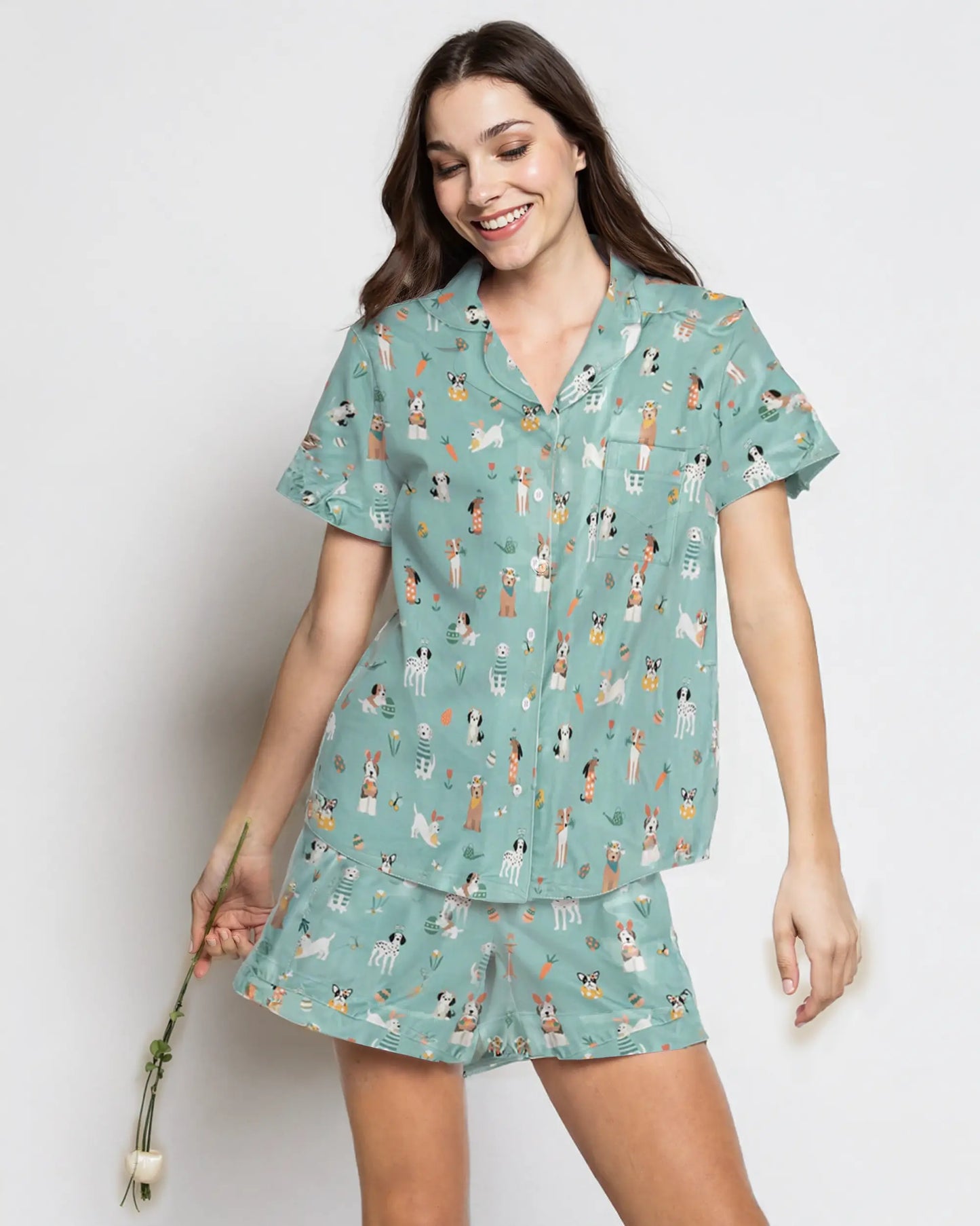 Puppy Egg Hunt Womens Short Sleeve Pajama Set Aquamarine Dreamlet Everetts Place: Online Boutique