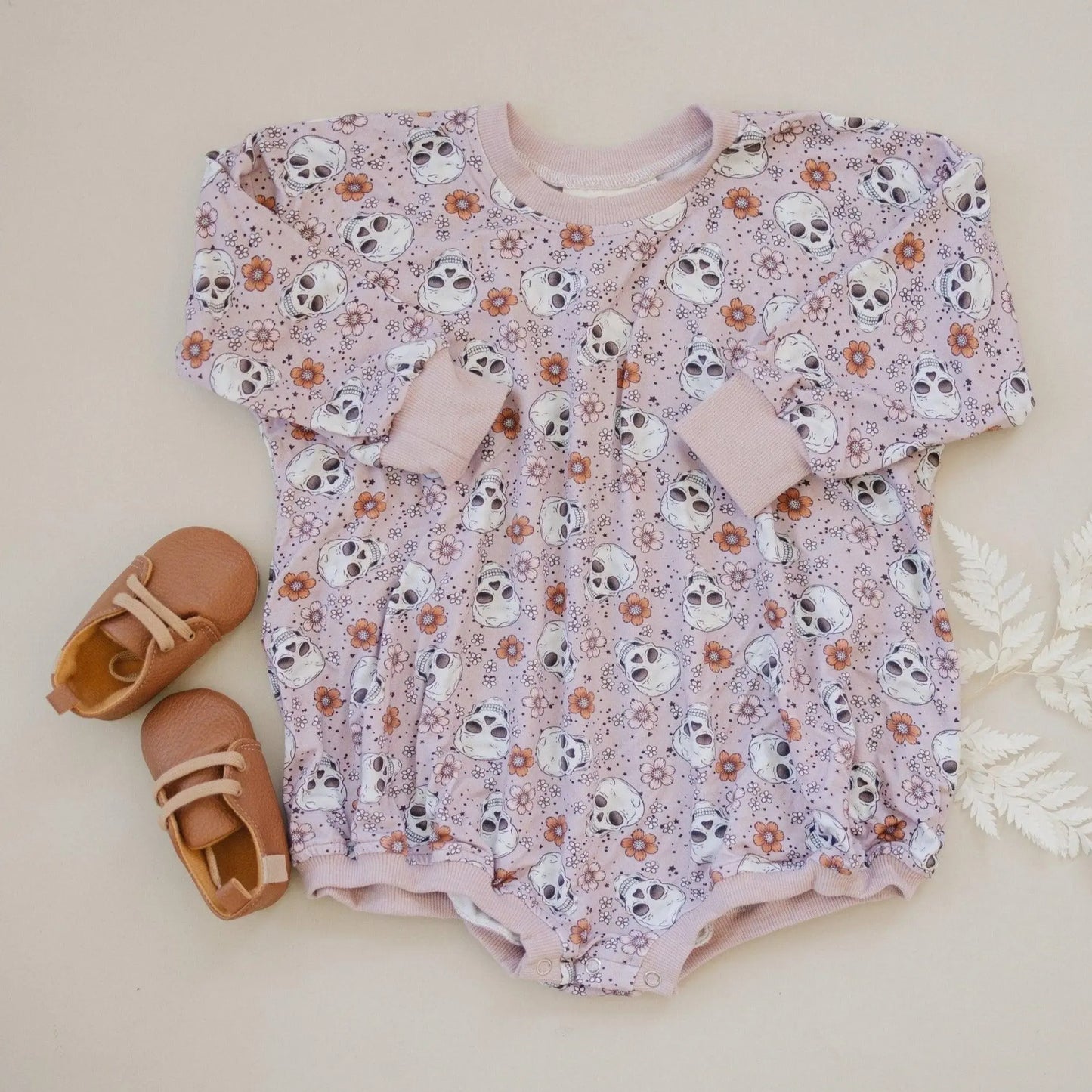 Purple Floral Skulls Bamboo Bubble Romper Little Joy Co. Everetts Place: Online Boutique