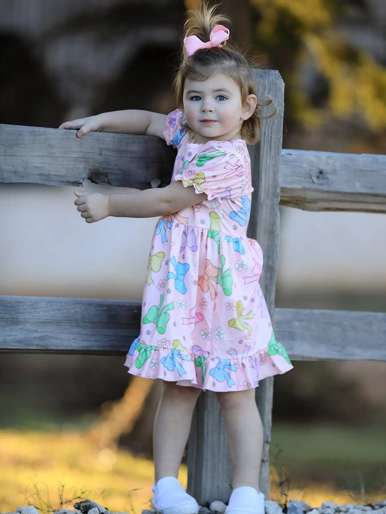 Colorful Bow Print Ruffles Girls Dress for Celebrations Rylee Faith Designs