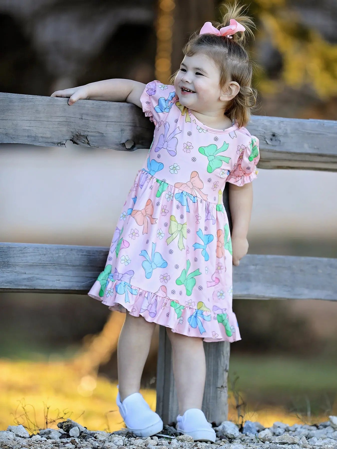Colorful Bow Print Ruffles Girls Dress for Celebrations Rylee Faith Designs
