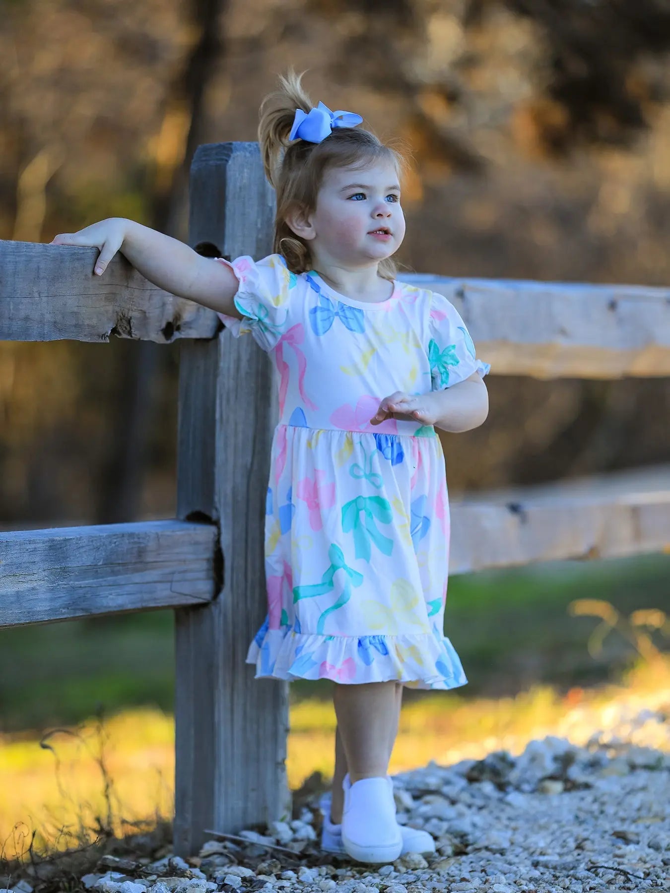 Easter Colorful Bow Print Puff Sleeve Girls Dress Rylee Faith Designs