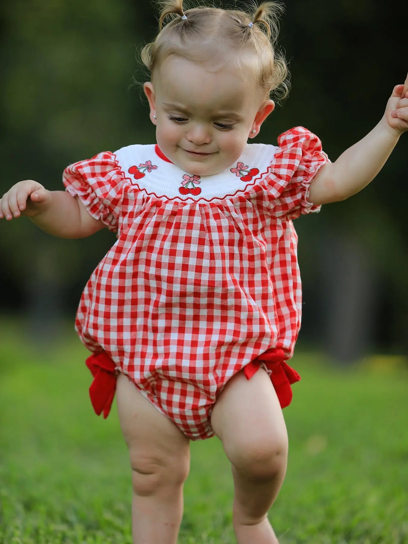 Red Cherry Bow Plaid Smocking Embroidery Girls Romper Rylee Faith Designs Everetts Place: Online Boutique
