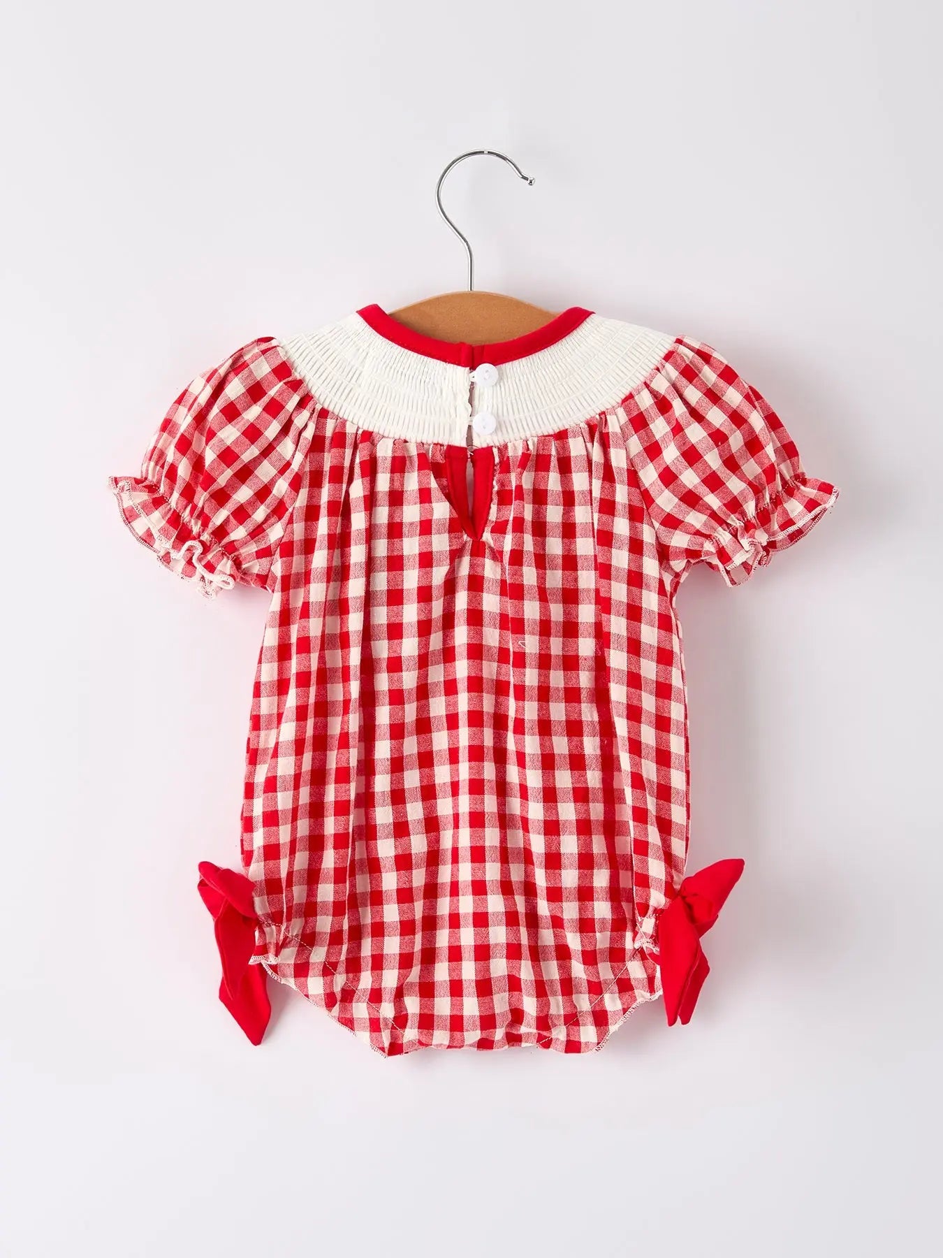 Red Cherry Bow Plaid Smocking Embroidery Girls Romper Rylee Faith Designs Everetts Place: Online Boutique
