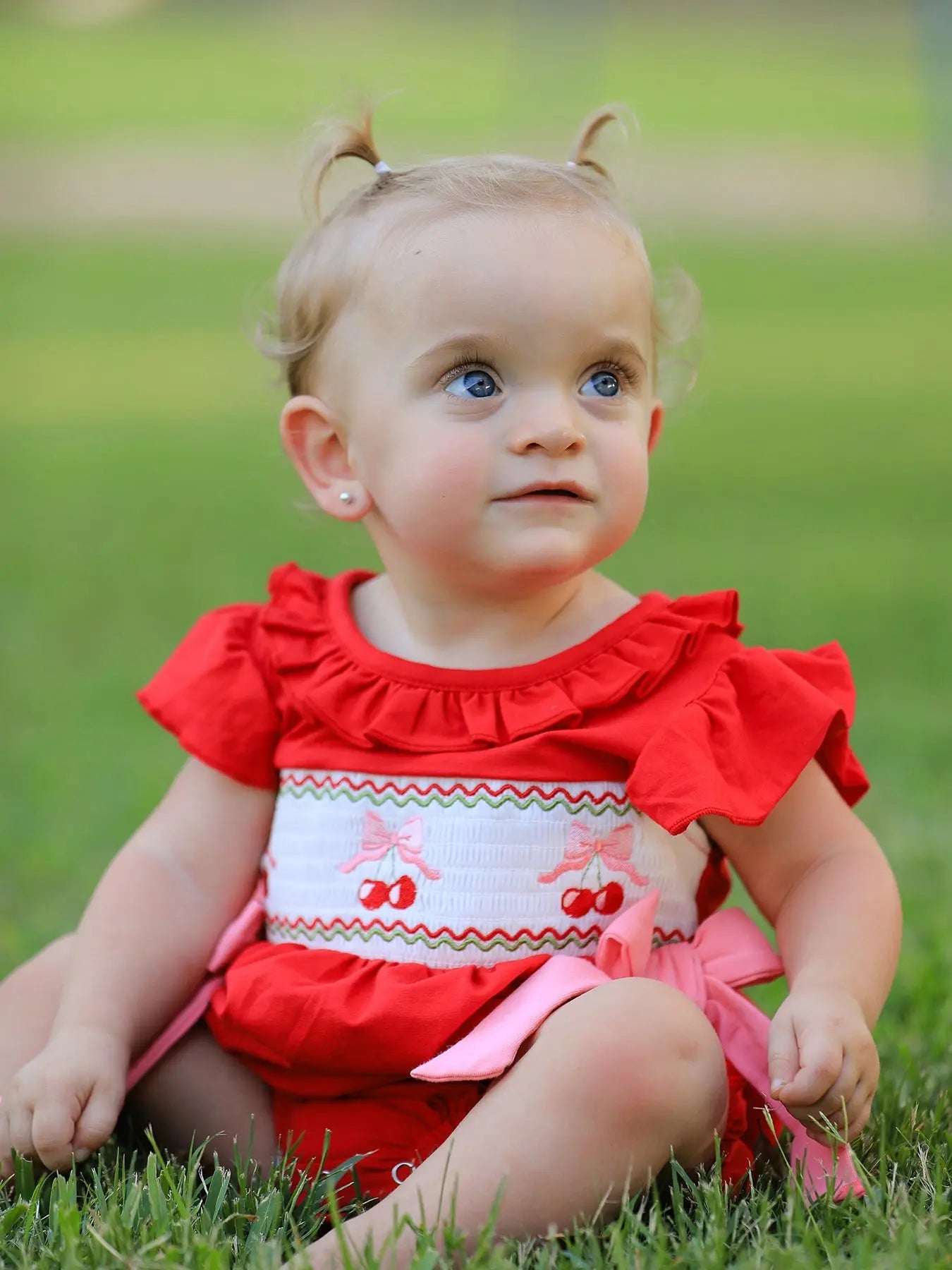 Red Cherry Bow Smocking Embroidery Girls Romper Rylee Faith Designs Everetts Place: Online Boutique