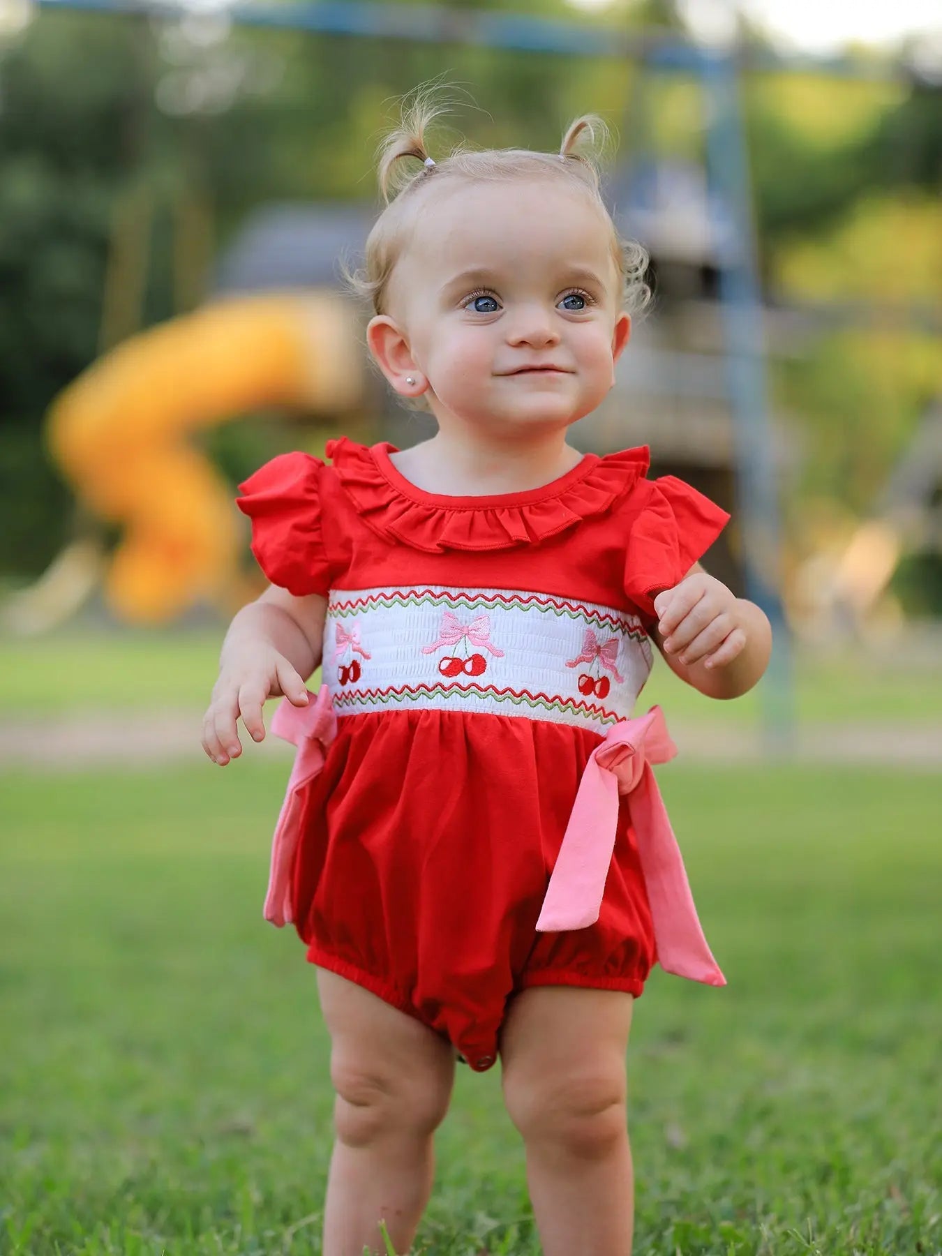 Red Cherry Bow Smocking Embroidery Girls Romper Rylee Faith Designs Everetts Place: Online Boutique