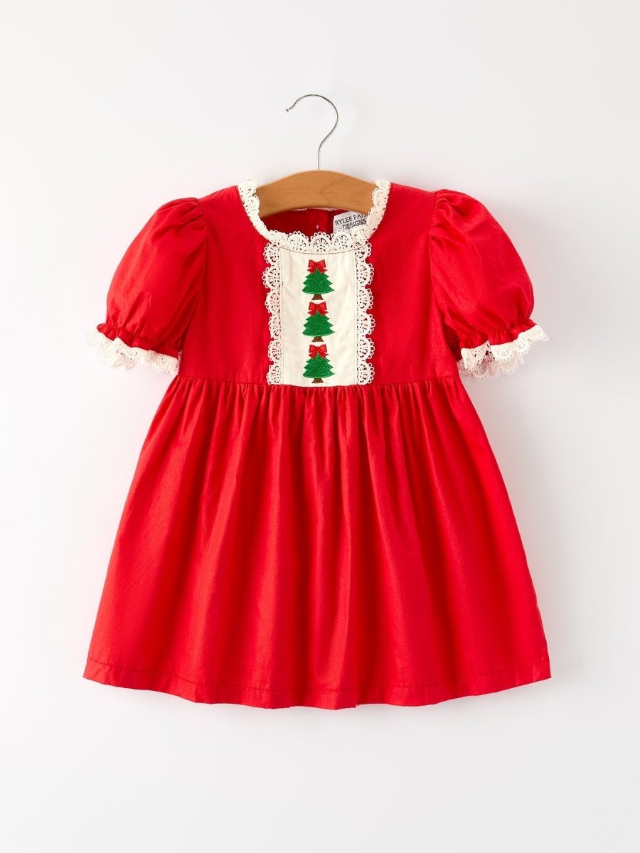 Red Christmas Girls Dress With Embroidery And Lace Trim - Everetts Place Boutique -