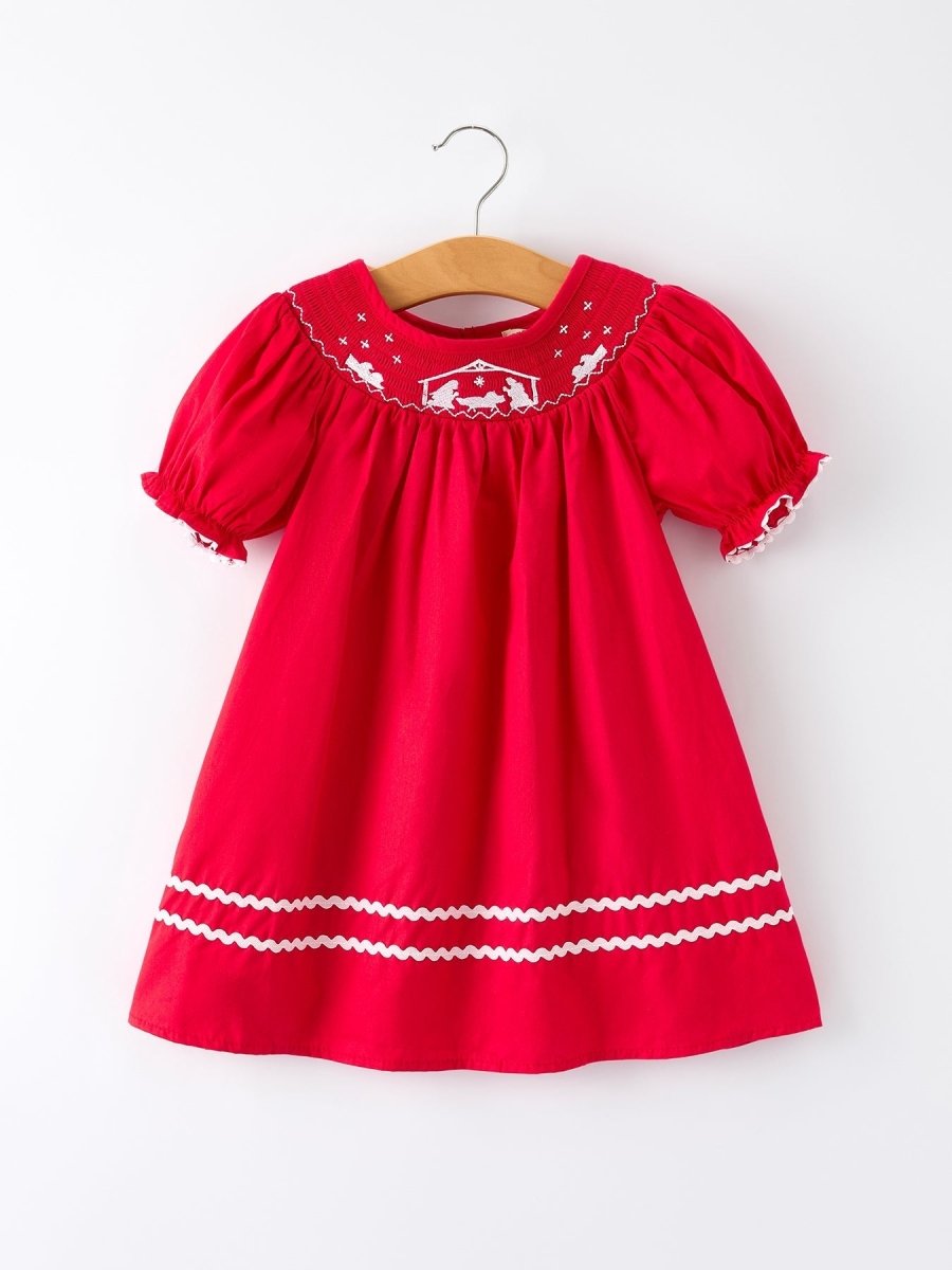 Rylee Faith Designs Red Christmas Girls Dress With Nativity Embroidery Details - Everetts Place Boutique -