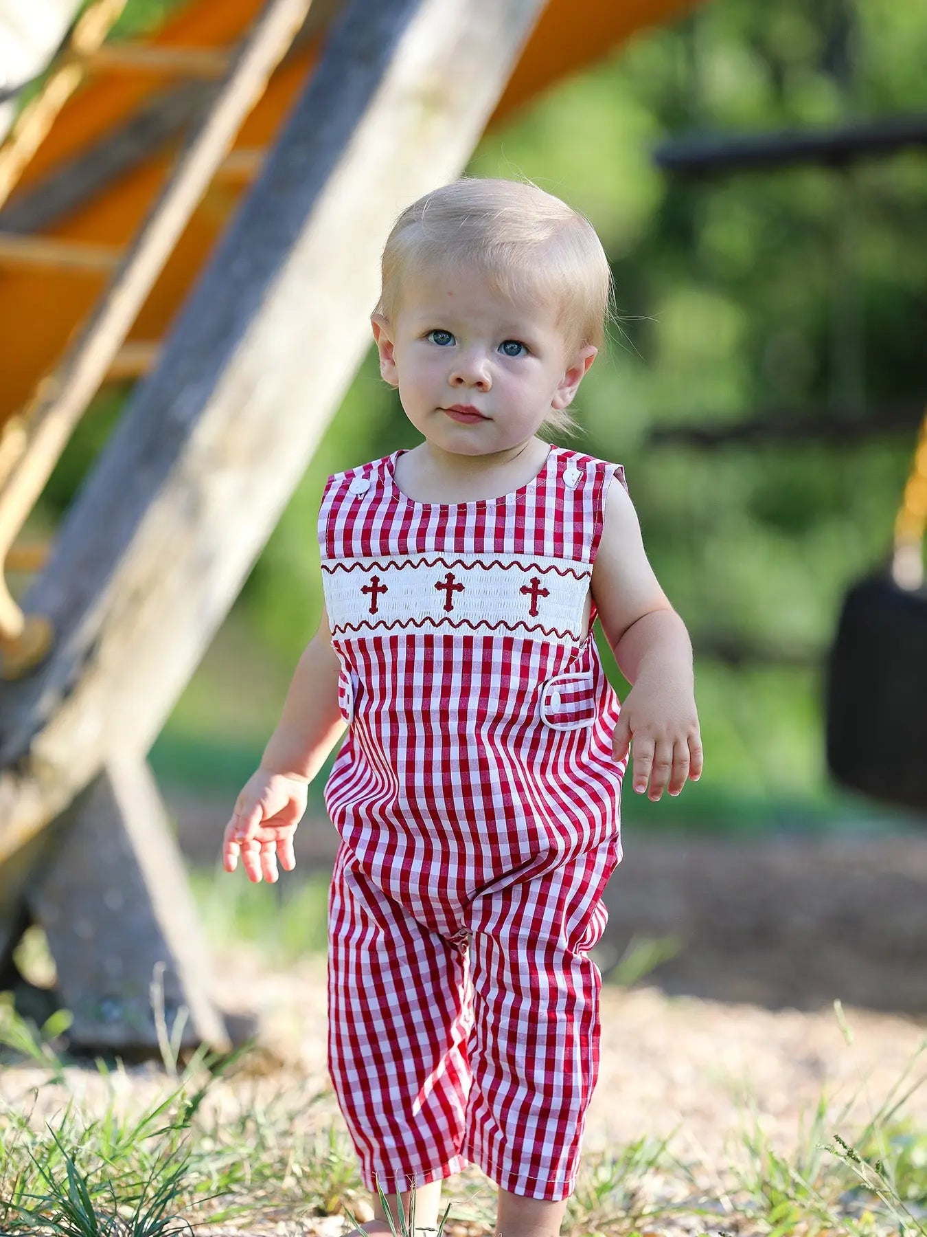 Red Plaid Smocked Church Christ Bishop Christening Baby Boys Romper Rylee Faith Designs Everetts Place: Online Boutique