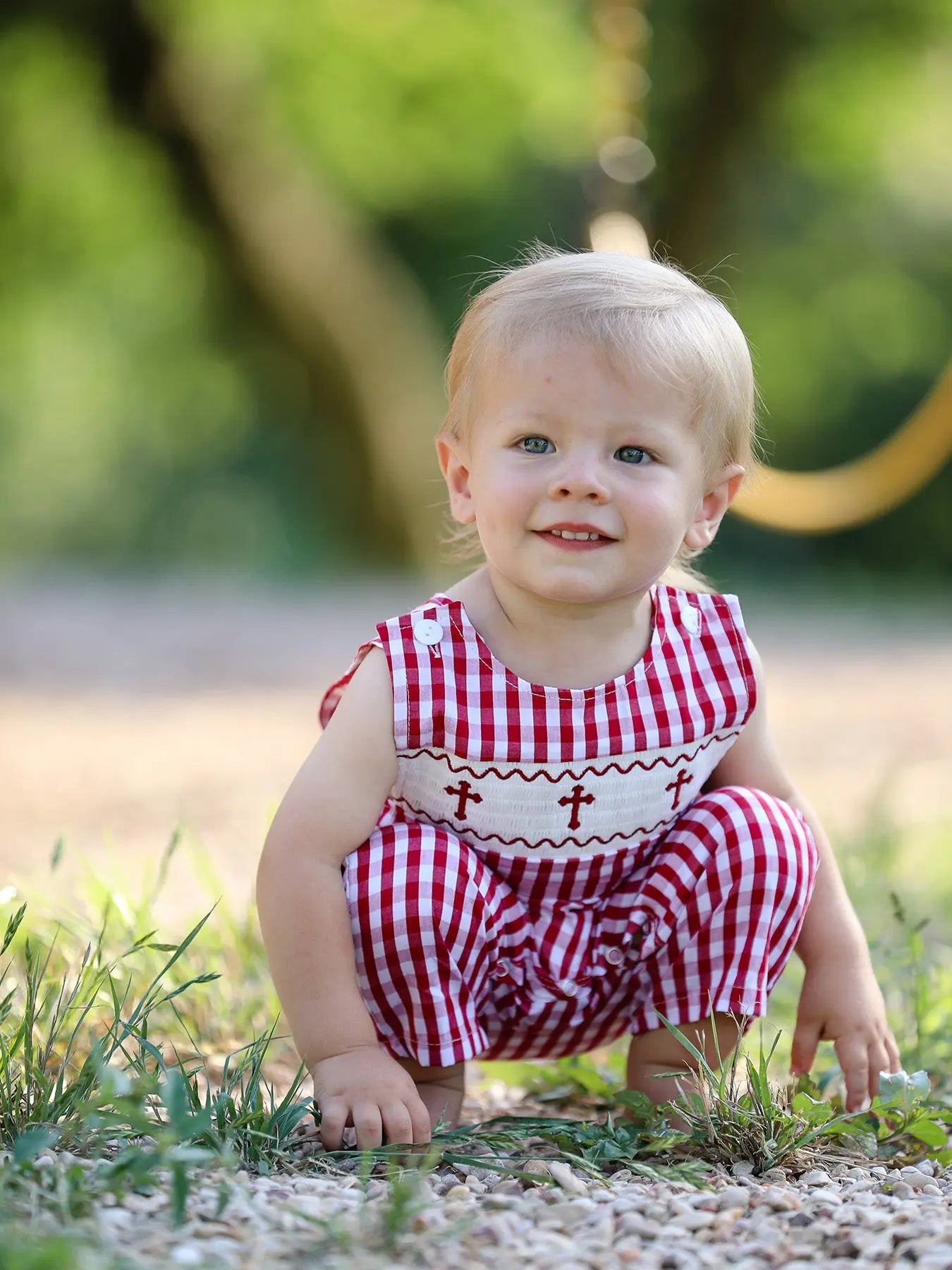 Red Plaid Smocked Church Christ Bishop Christening Baby Boys Romper Rylee Faith Designs Everetts Place: Online Boutique