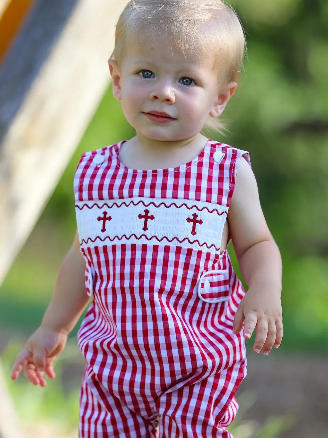 Red Plaid Smocked Church Christ Bishop Christening Baby Boys Romper Rylee Faith Designs Everetts Place: Online Boutique