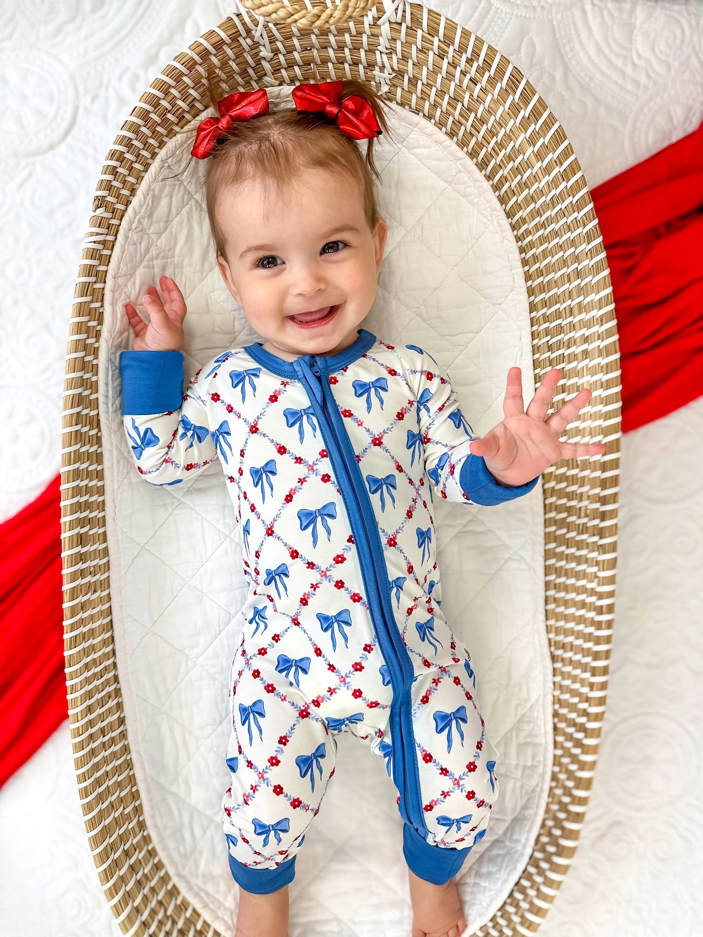 Red White Bows Bamboo Zippy Romper For Baby Girls And Boys Little Joy Co. Everetts Place: Online Boutique