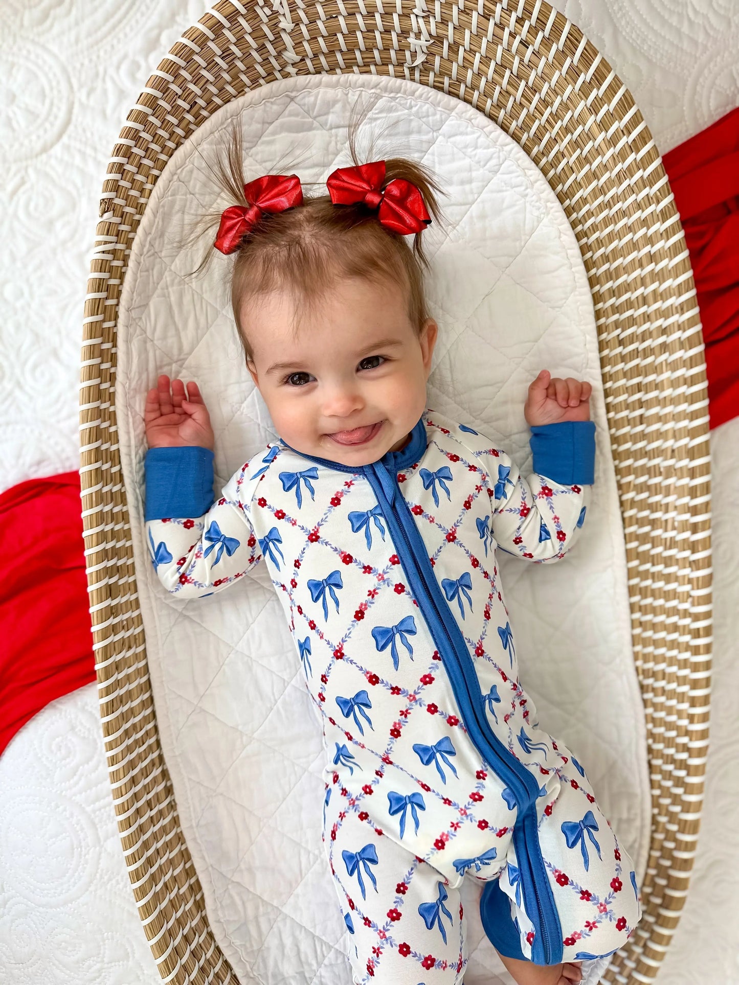 Red White Bows Bamboo Zippy Romper For Baby Girls And Boys Little Joy Co. Everetts Place: Online Boutique