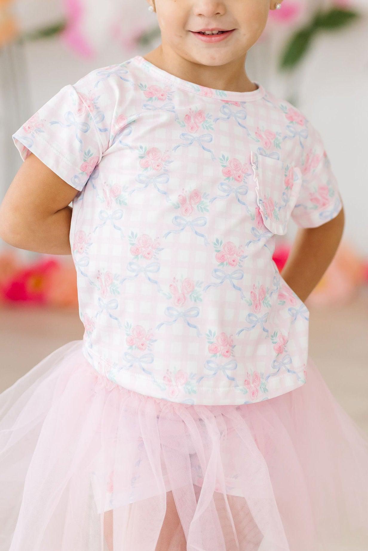 Mila & Rose ® Ribbons and Roses Ruffle Pocket Tee for Girls Casual - Apparel & Accessories > Clothing > Clothing Tops Ruffle Pocket Tee
