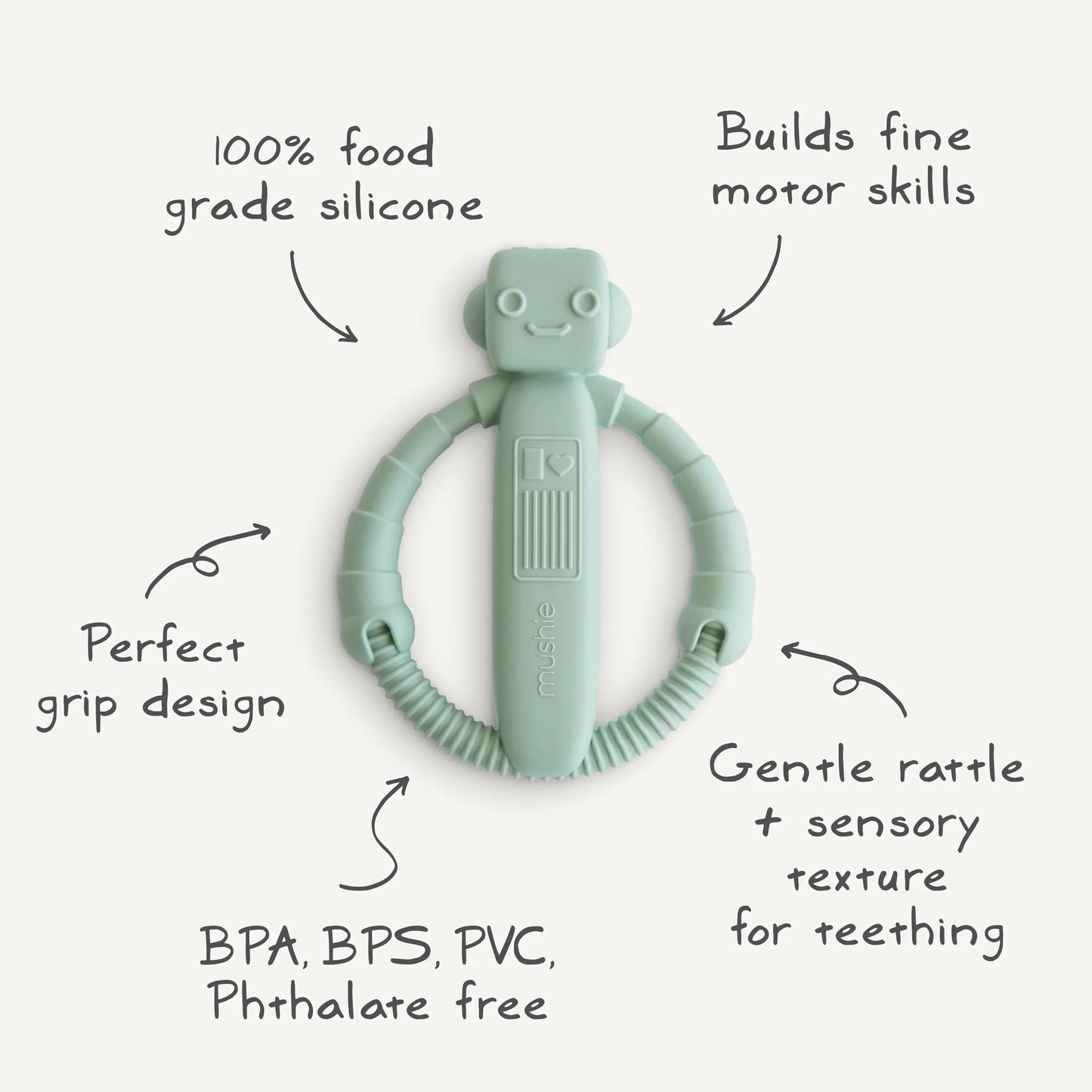 Robot Rattle Teether Silicone Toy for Babies with Built-In Rattle and Easy Grip Handles Mushie Everetts Place: Online Boutique