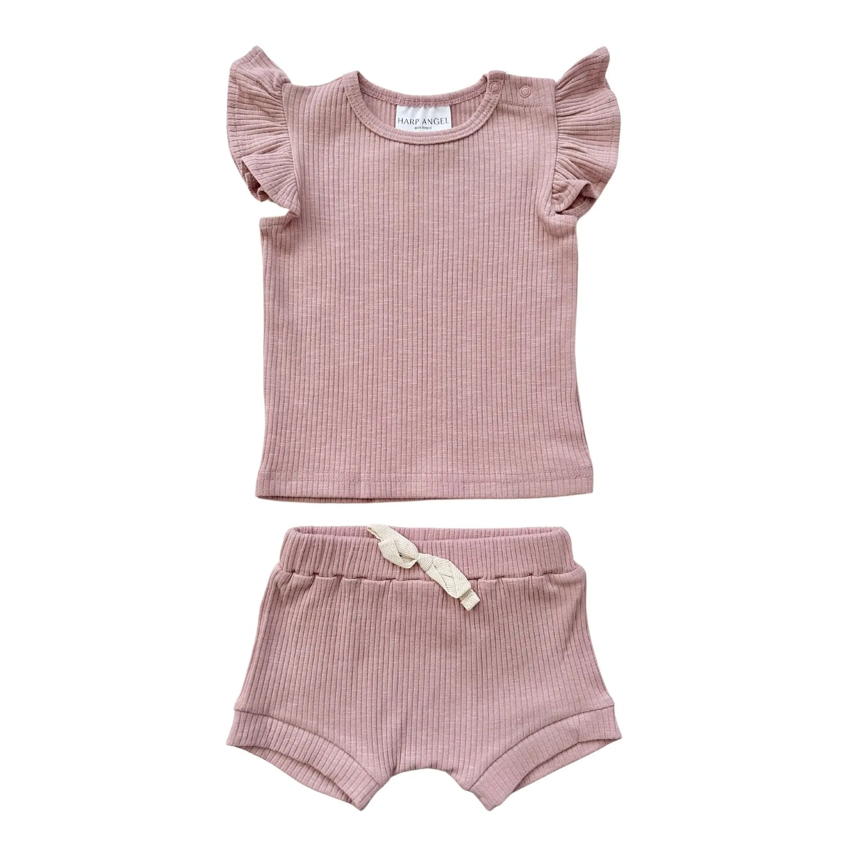 Harp Angel Boutique Organic Cotton Ruffle Ribbed Short Set with Stretch for Casual Women - Apparel & Accessories > Clothing > Outfit Sets Set