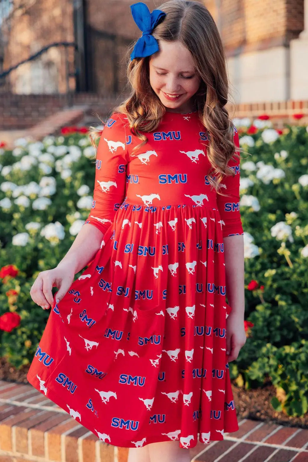 SMU Red Mustang Dress Three Quarter Sleeve Pocket Twirl Mila & Rose ® Everetts Place: Online Boutique