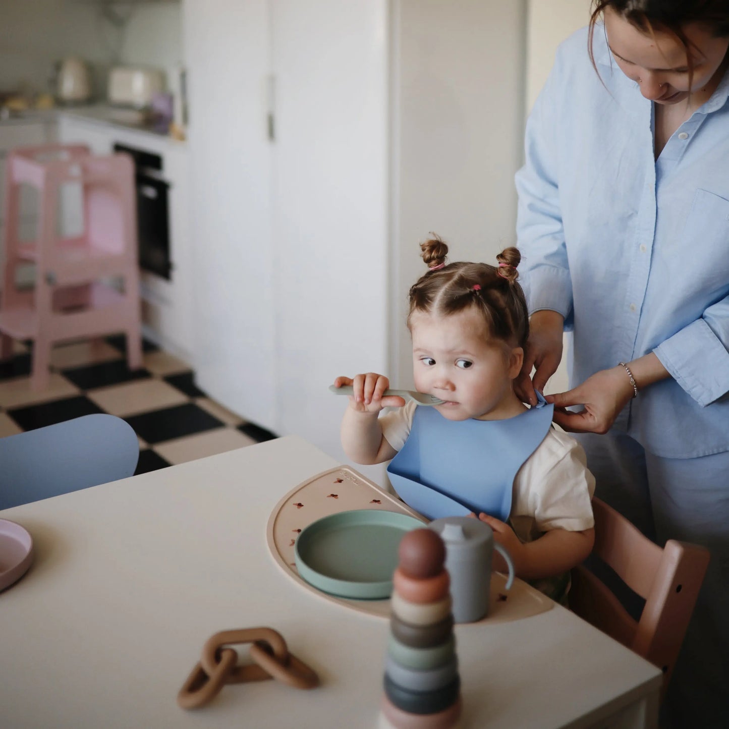 Silicone Baby Bib with Adjustable Neck Strap and Front Pocket for Easy Cleaning Mushie Everetts Place: Online Boutique