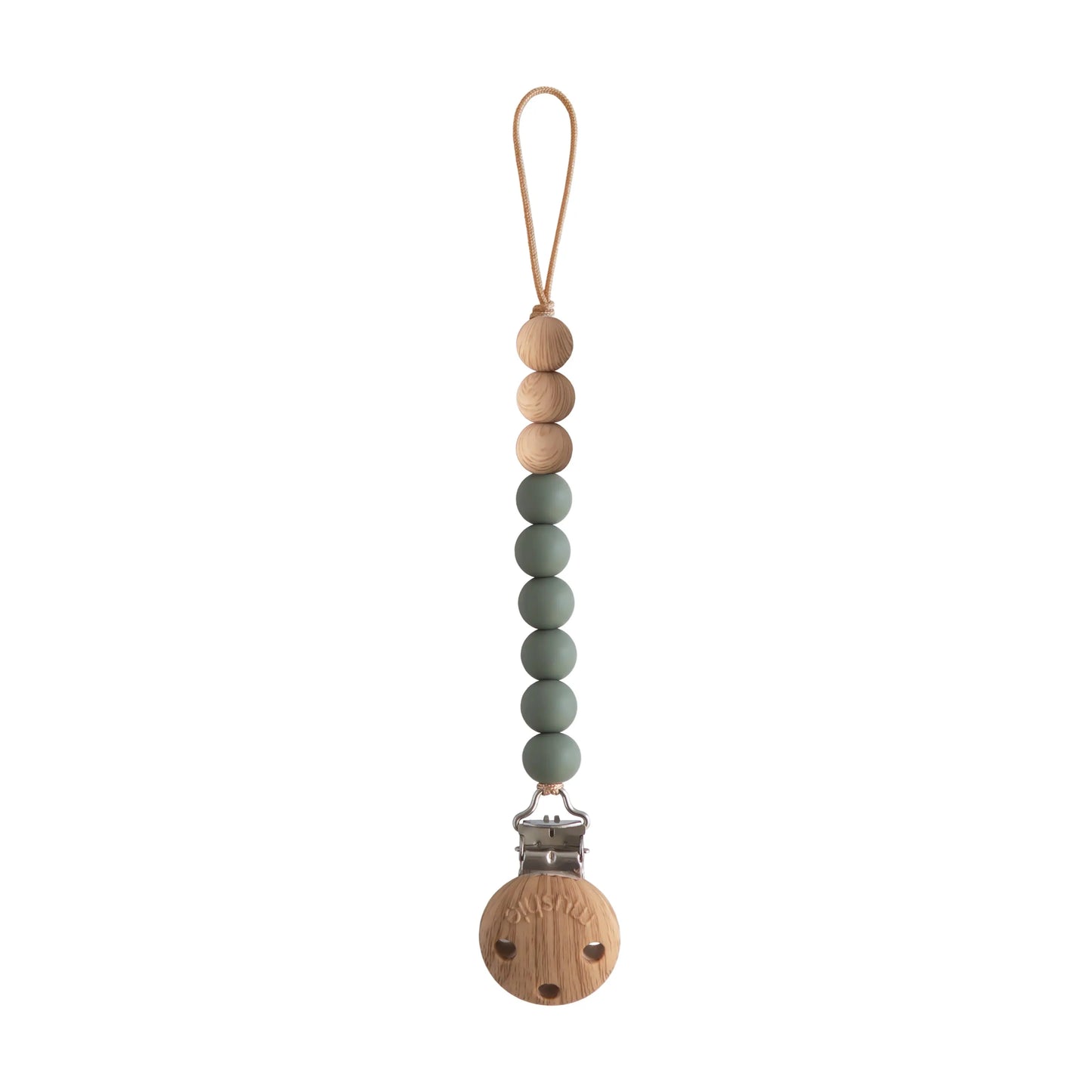 Silicone Pacifier Clip Eva with Faux Wood Clasp and Colorful Beads Mushie Everetts Place: Online Boutique 14.99