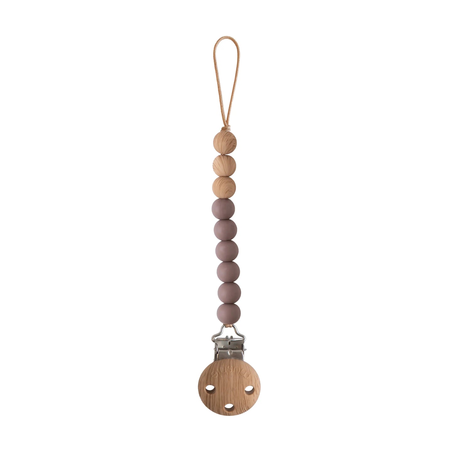 Silicone Pacifier Clip Eva with Faux Wood Clasp and Colorful Beads Mushie Everetts Place: Online Boutique 14.99