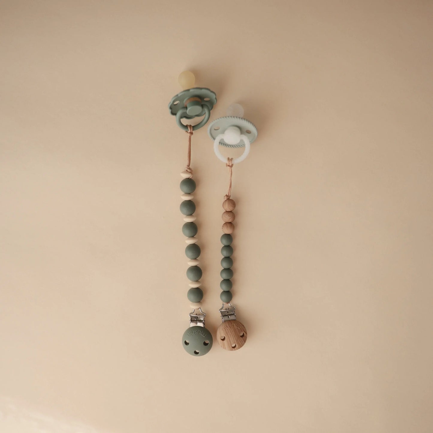 Silicone Pacifier Clip Eva with Faux Wood Clasp and Colorful Beads Mushie Everetts Place: Online Boutique