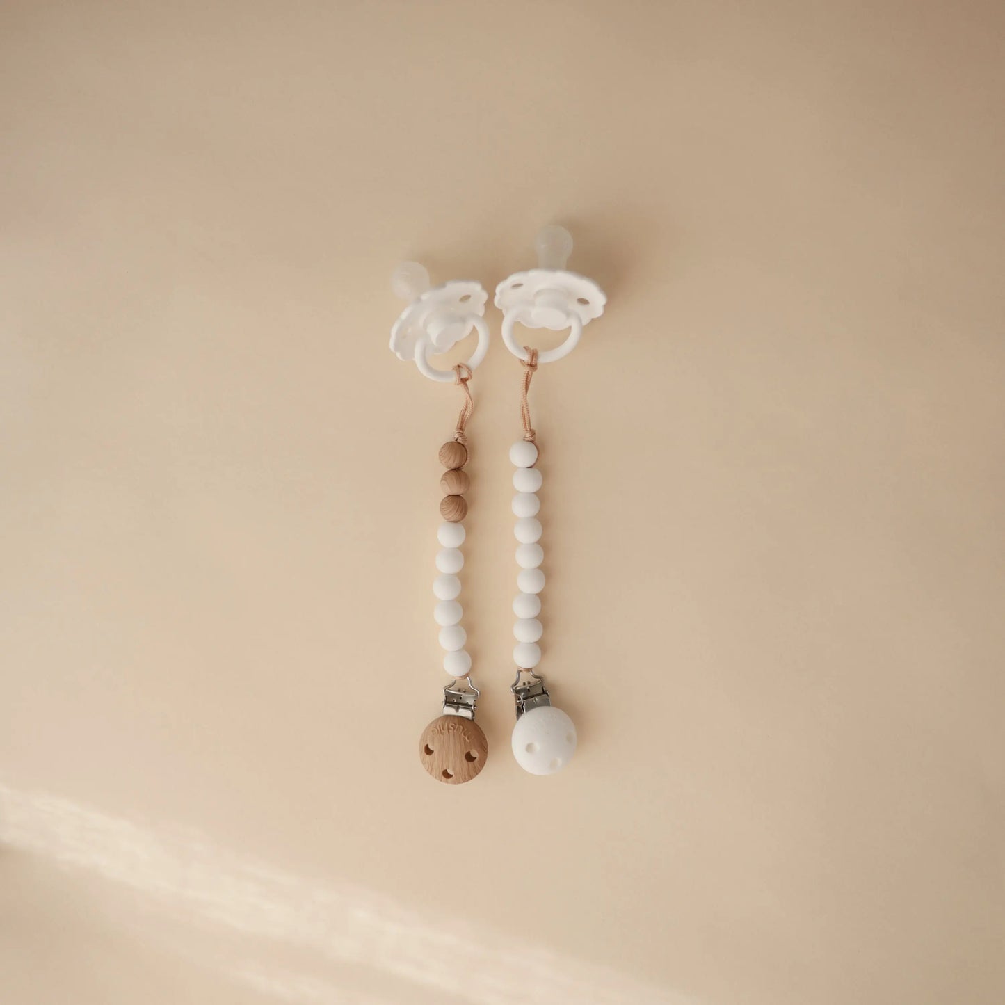 Silicone Pacifier Clip Eva with Faux Wood Clasp and Colorful Beads Mushie Everetts Place: Online Boutique