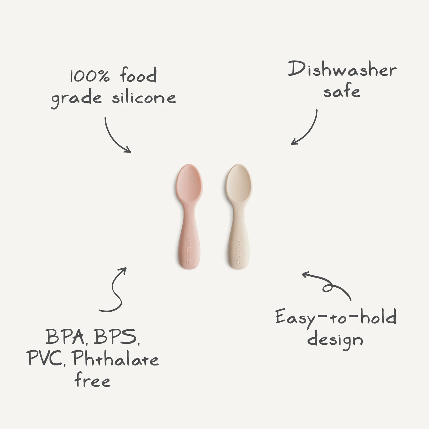 Silicone Toddler Starter Spoons Non Toxic Food Grade Gentle on Gums Easy Grip Handle Mushie